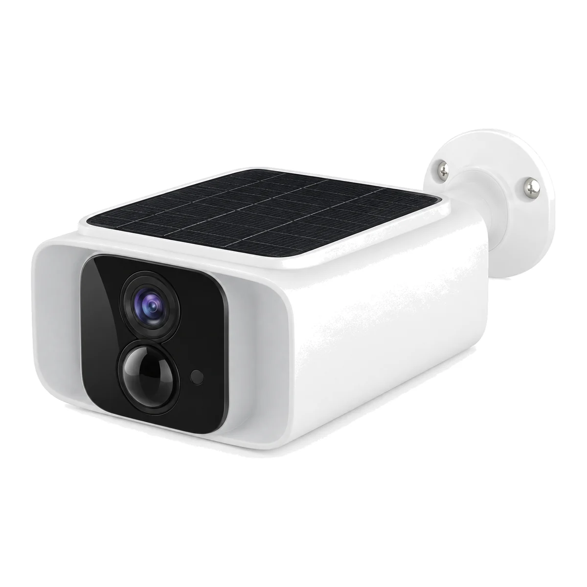 SV-B1 solar 4G bullet camera: white box housing with a black solar panel on top, black front and wall bracket