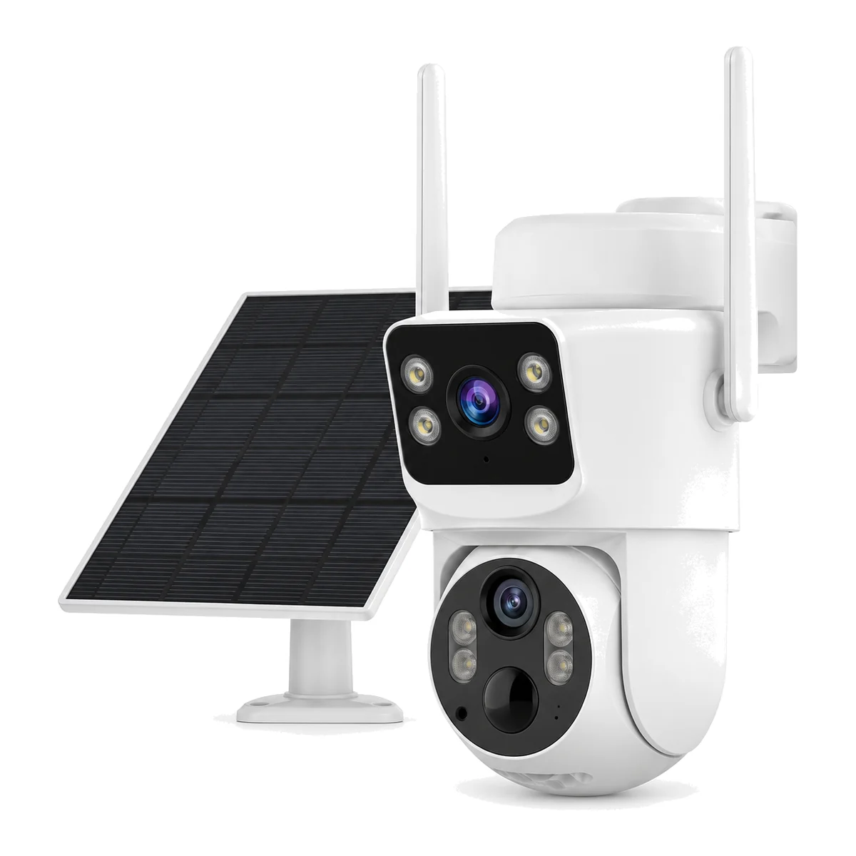 SV-D2 dual-lens solar 4G camera: fixed upper lens and pan-tilt lower lens in a white housing with a separate black solar panel