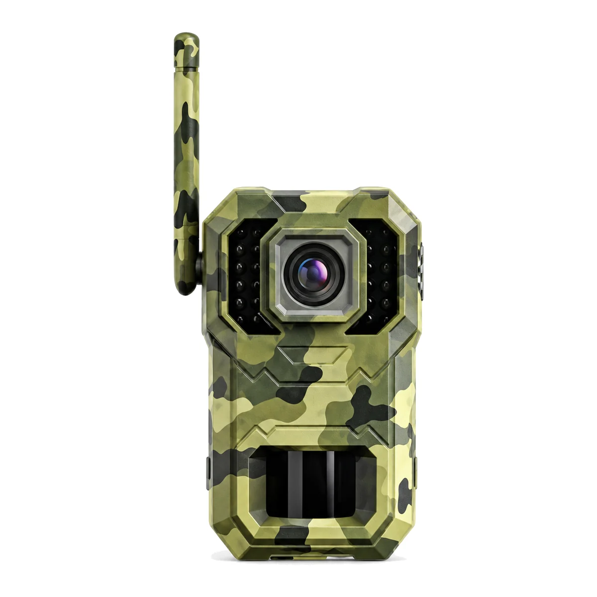 SV-H1 4G solar trail camera: camouflage housing with a single lens, infrared panel and an antenna