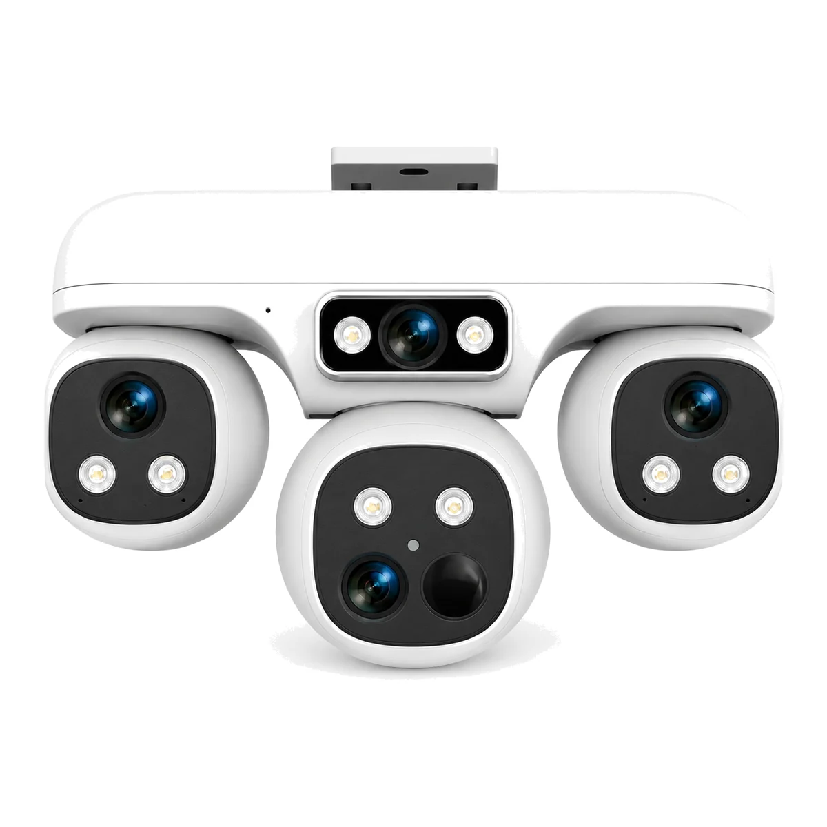 SV-M3 multi-lens solar 4G camera: white housing with a fixed wide lens bar and three pan-tilt camera heads