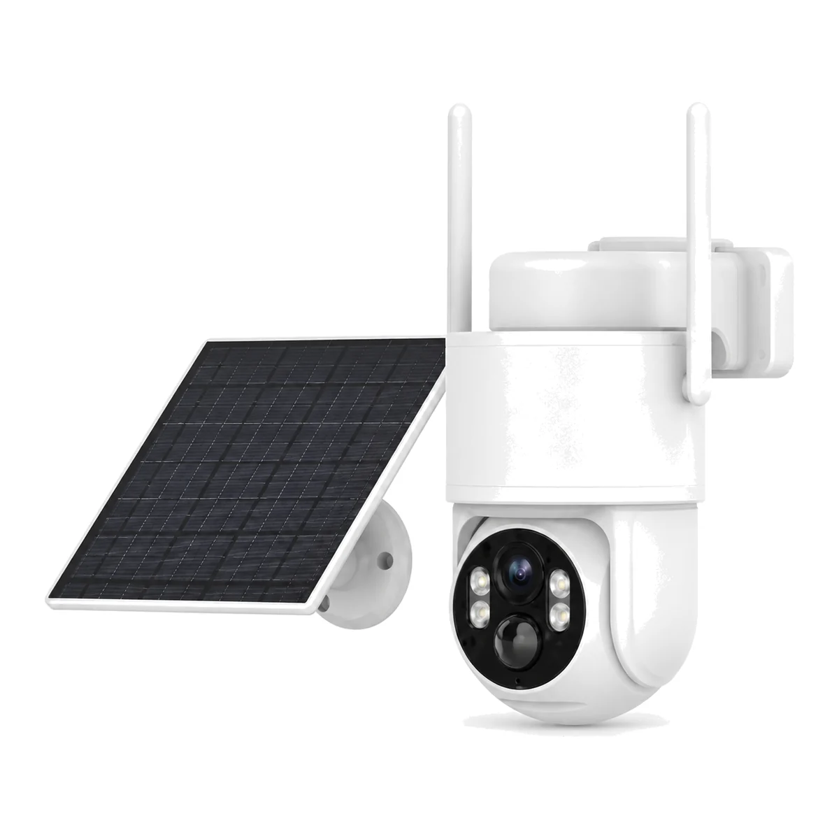 SV-P1 solar 4G PTZ camera: white pan-tilt dome with two antennas and a separate black 5 W solar panel