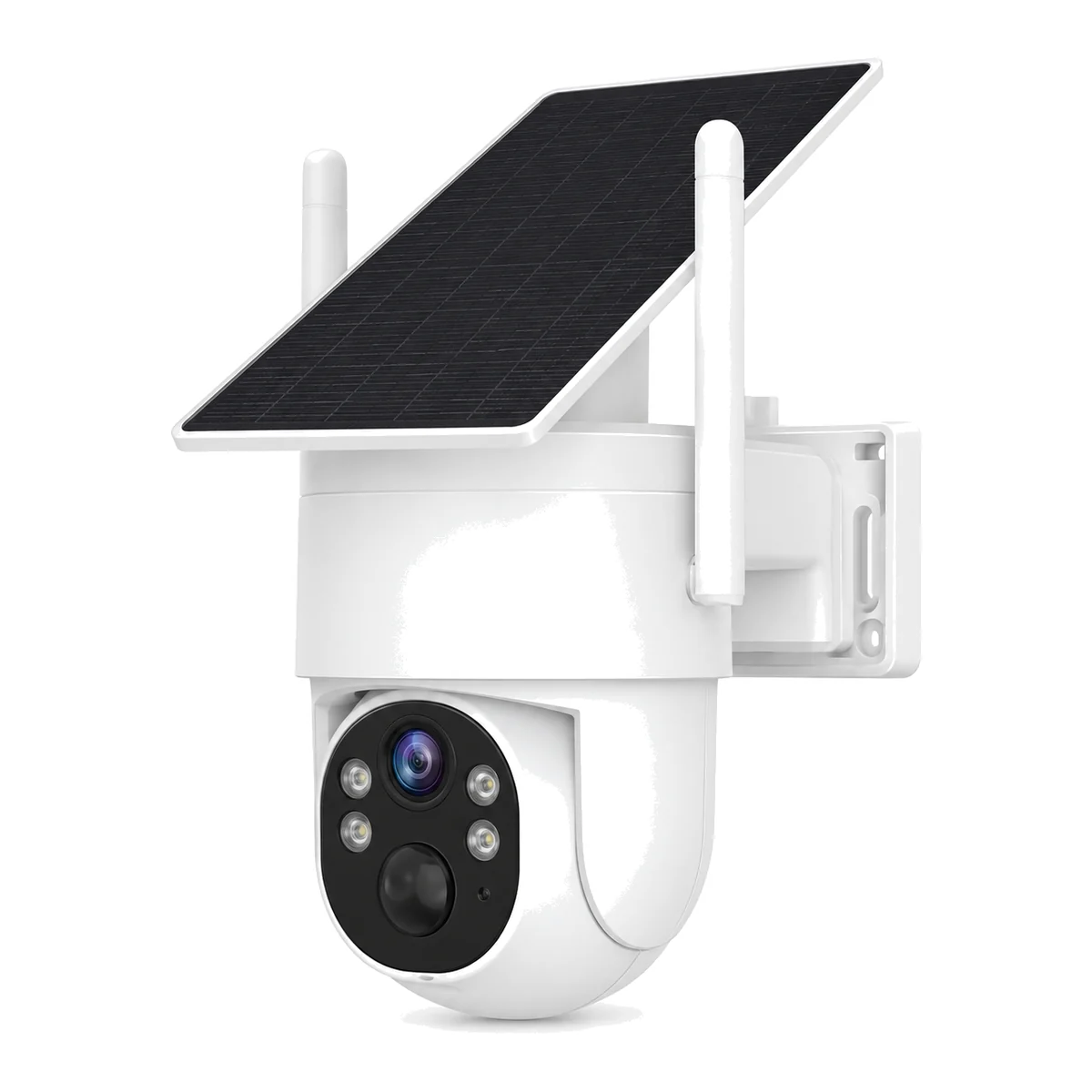 SV-P2 all-in-one solar 4G PTZ camera: white pan-tilt dome with the black solar panel mounted on top and two antennas