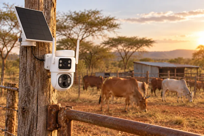 SV-D2 dual-lens solar 4G camera on a wooden fence post at a cattle farm gate in rural Kenya at golden hour